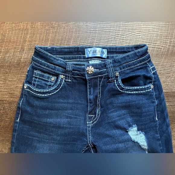 Y JEANS Los Angeles Y2K denim low rise flare distressed bling pockets cross 3/4 - Picture 13 of 15